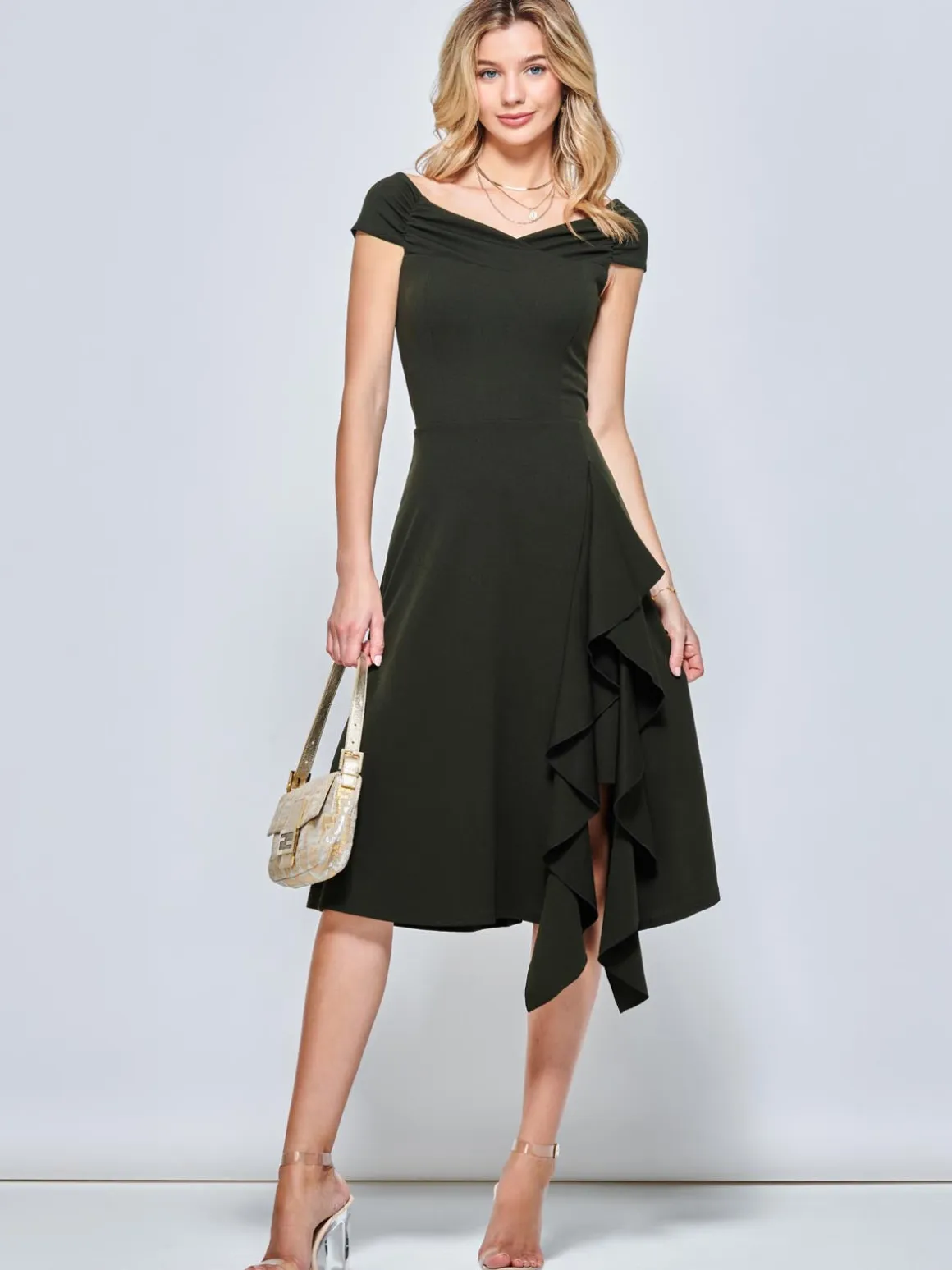Off Shoulder Frill Ponte Midi Dress, Soldier Green