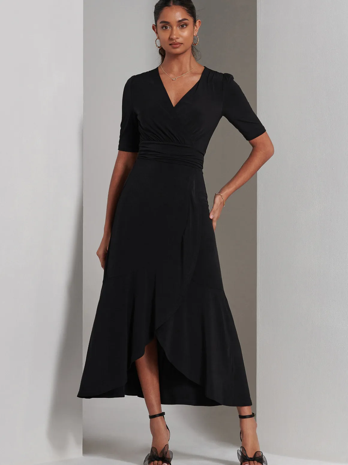 Olana Jersey Frill Hem Maxi Dress, Black