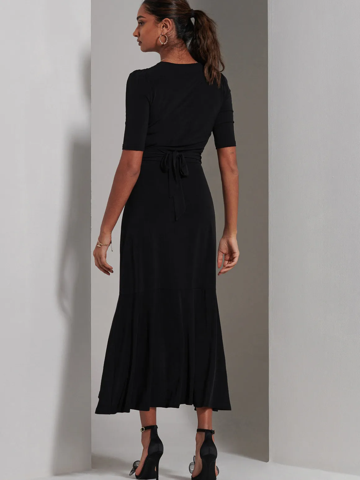 Olana Jersey Frill Hem Maxi Dress, Black