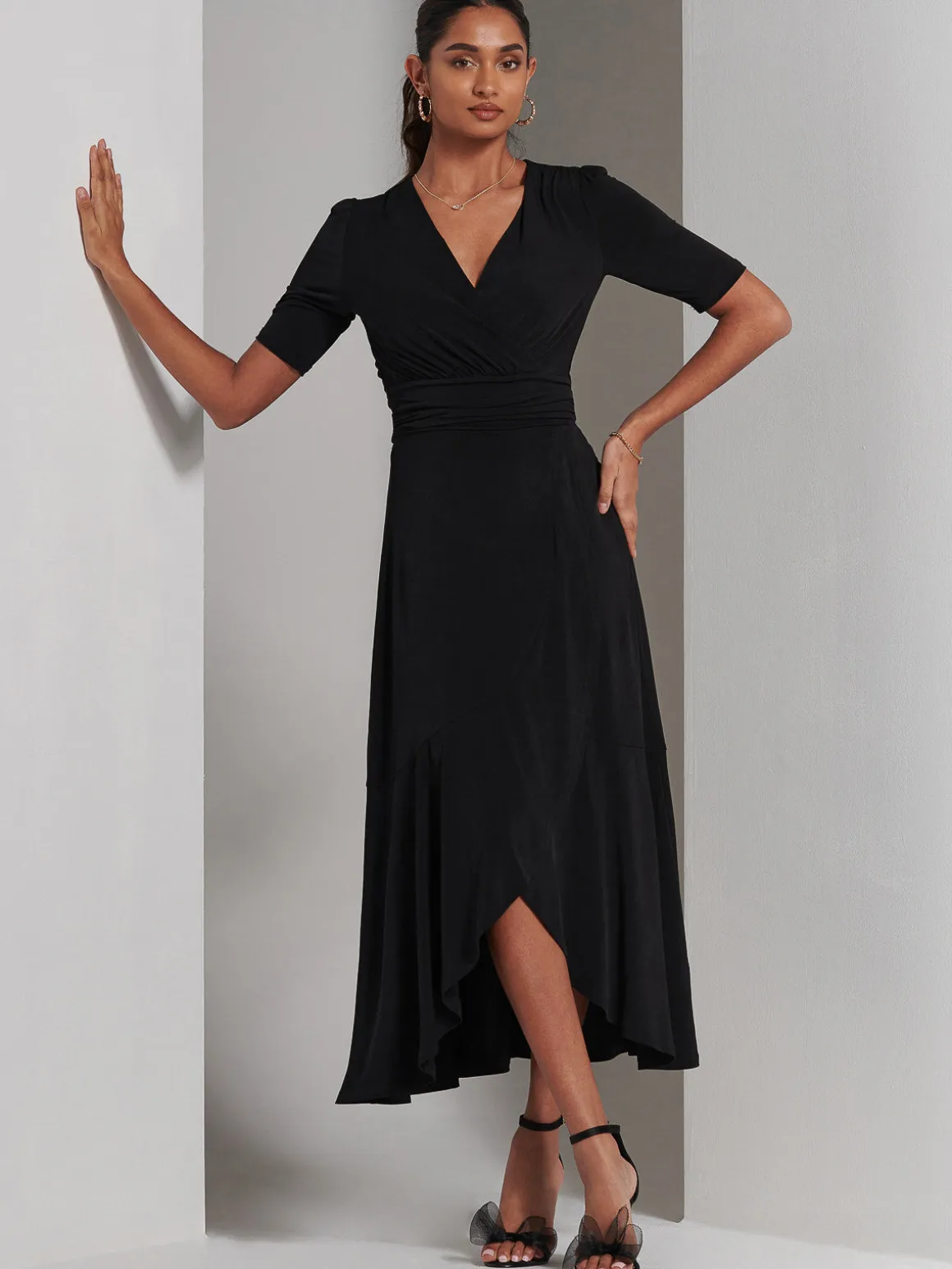 Olana Jersey Frill Hem Maxi Dress, Black