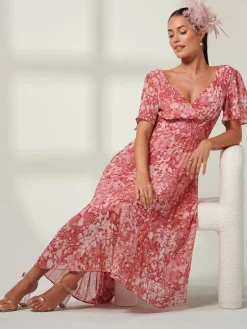 Olenna Angel Sleeve Pleated Chiffon Maxi, Red Abstract