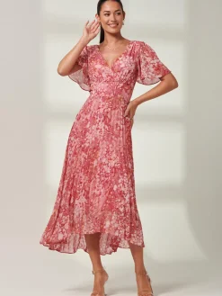 Olenna Angel Sleeve Pleated Chiffon Maxi, Red Abstract