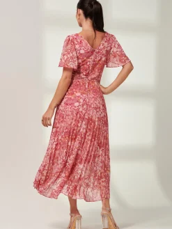 Olenna Angel Sleeve Pleated Chiffon Maxi, Red Abstract