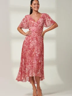 Olenna Angel Sleeve Pleated Chiffon Maxi, Red Abstract