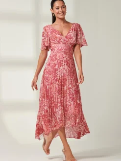 Olenna Angel Sleeve Pleated Chiffon Maxi, Red Abstract