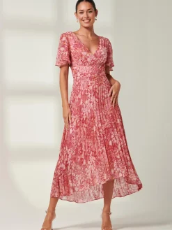 Olenna Angel Sleeve Pleated Chiffon Maxi, Red Abstract