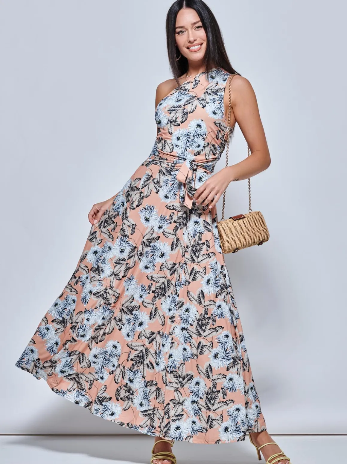 One Shoulder Maxi Jersey Dress, Floral Multi