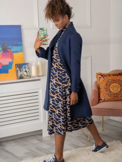 Open Neckline Woven Coat, Navy