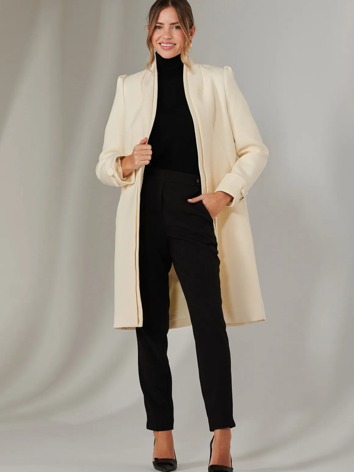 Open Neckline Woven Coat, Oyster