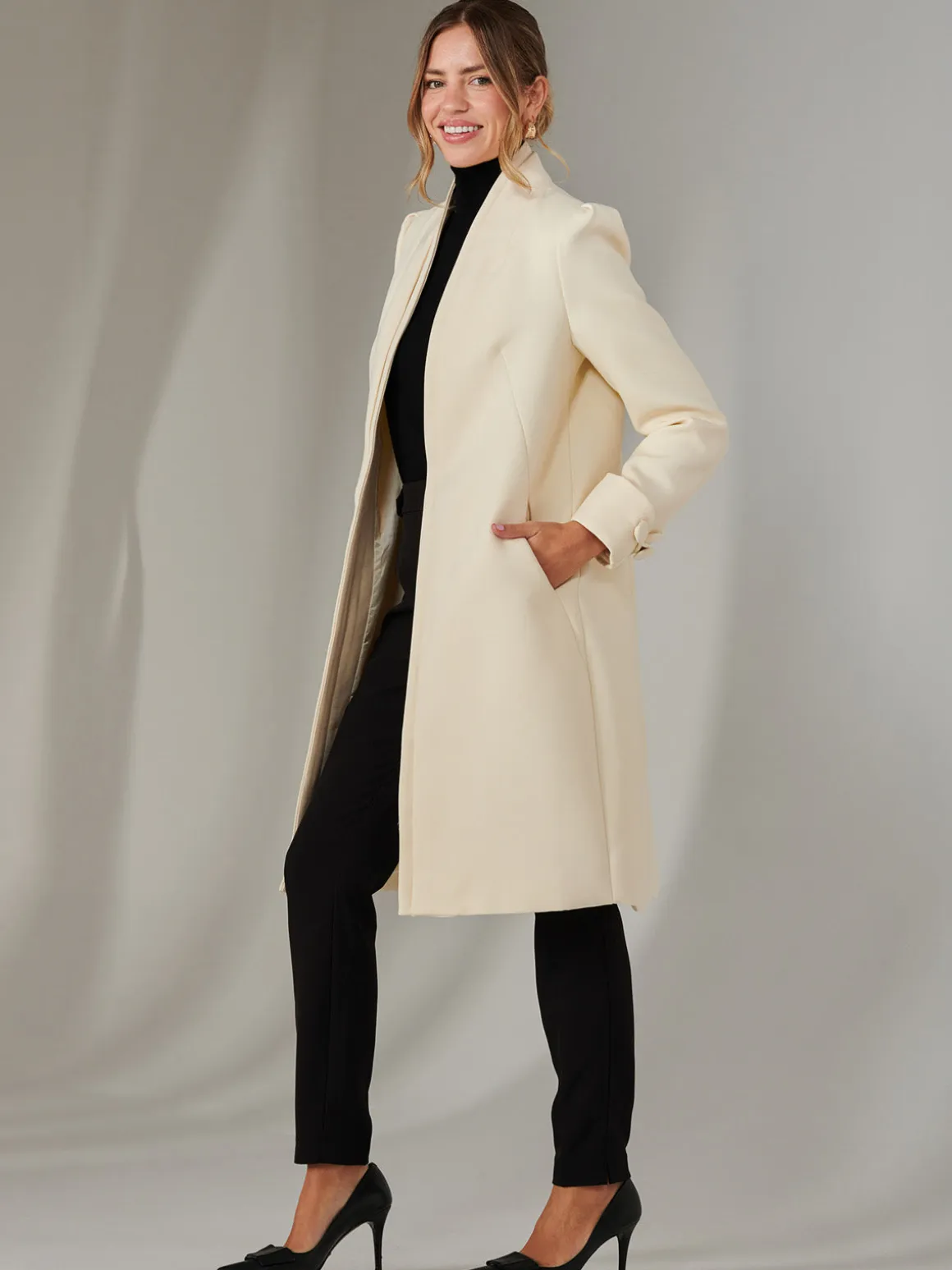 Open Neckline Woven Coat, Oyster