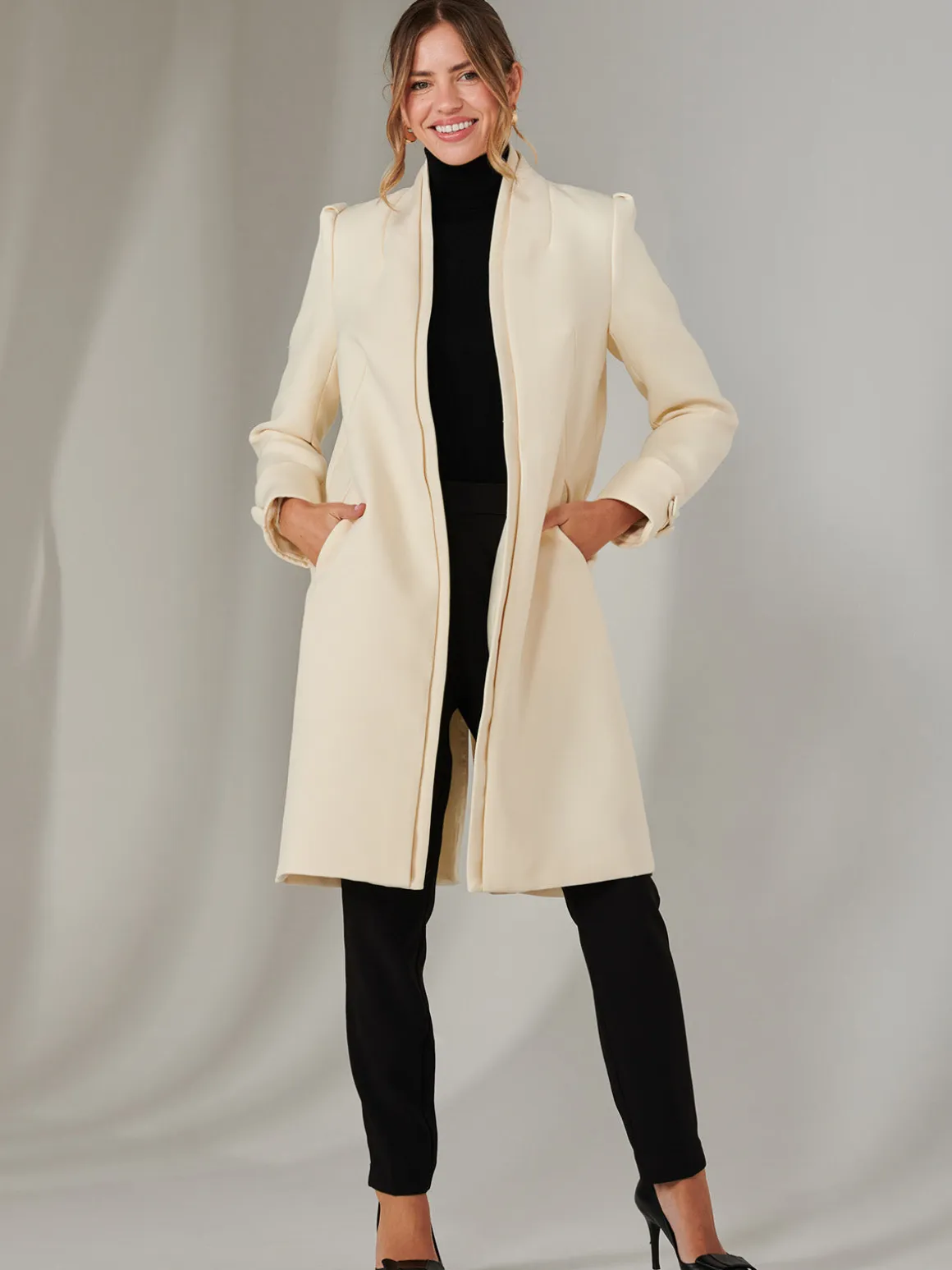 Open Neckline Woven Coat, Oyster