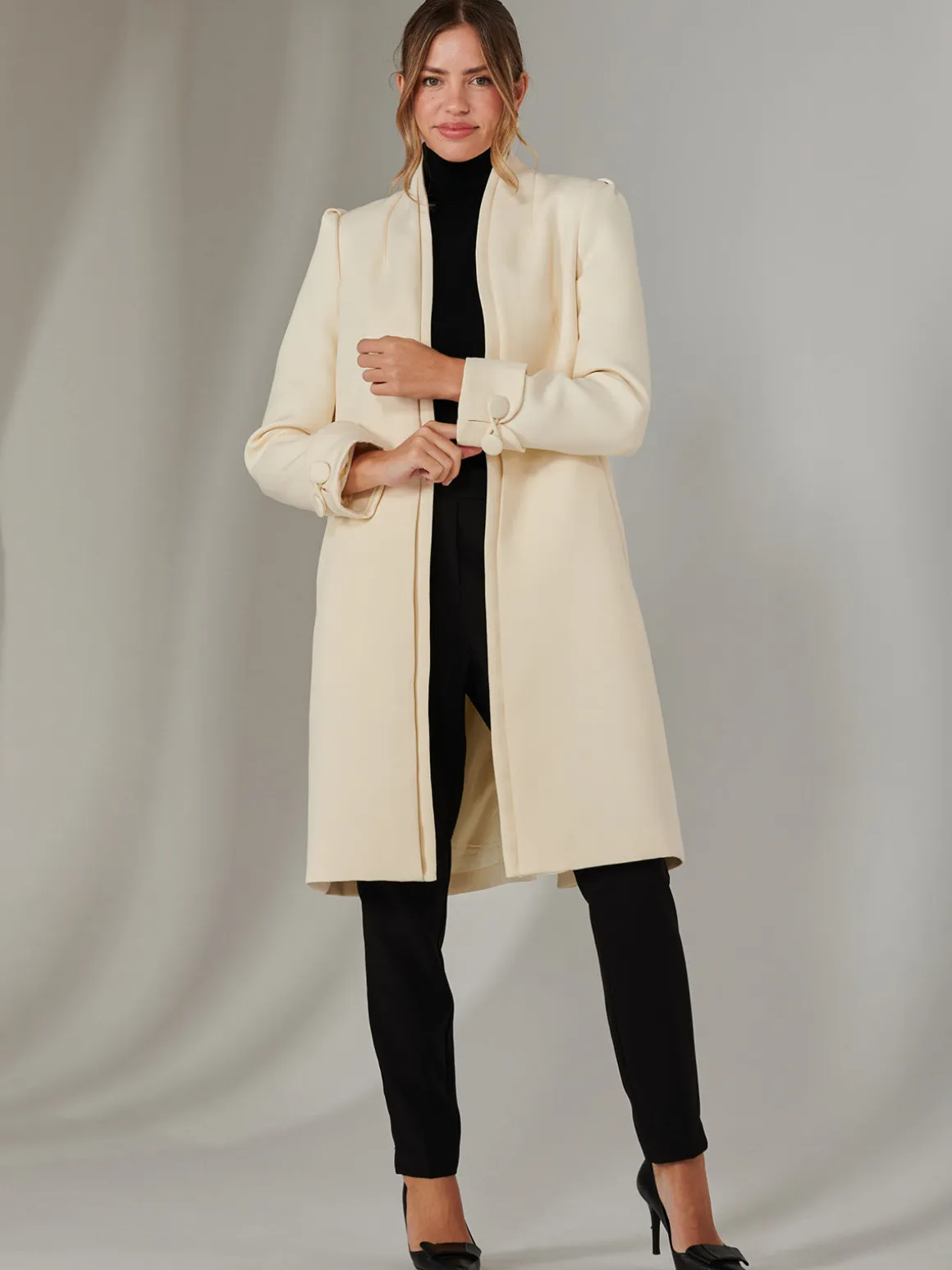 Open Neckline Woven Coat, Oyster