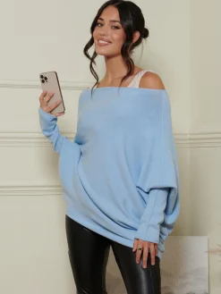 Oversize Asymmetric Knitted Jumper, Baby Blue