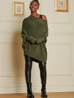 Oversize Asymmetric Knitted Jumper, Soldier Green