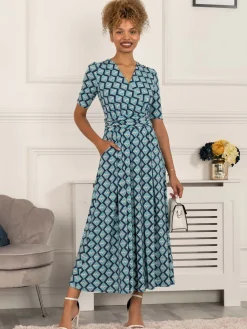 Paislyn Pleat Jersey Maxi Dress, Green Geo