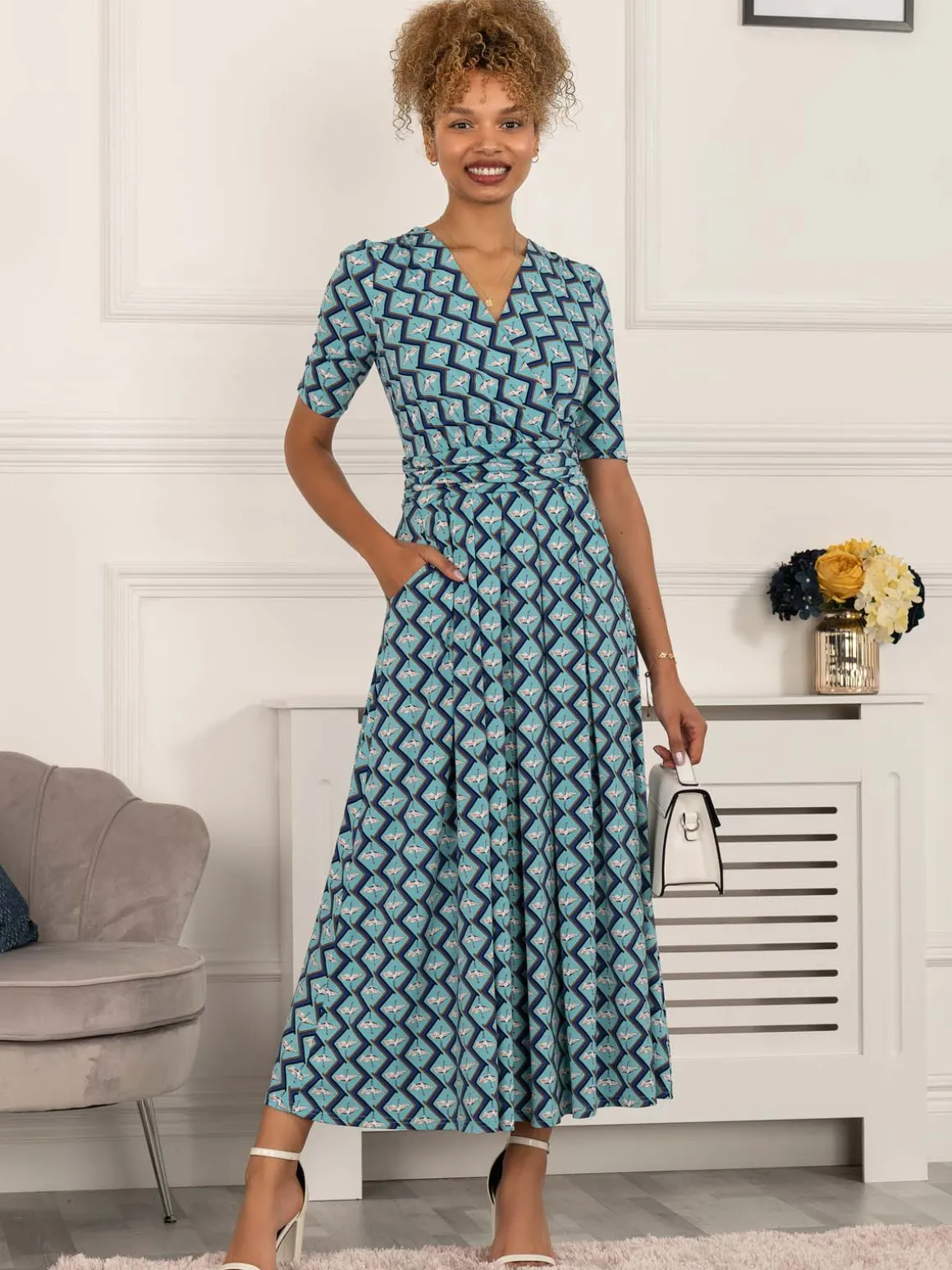 Paislyn Pleat Jersey Maxi Dress, Green Geo