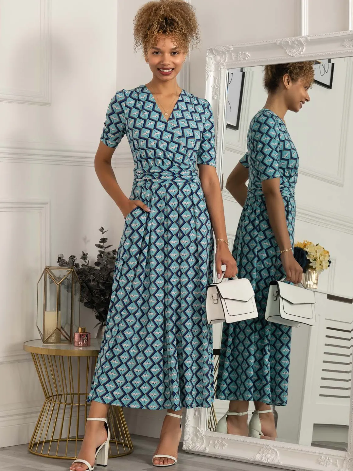 Paislyn Pleat Jersey Maxi Dress, Green Geo