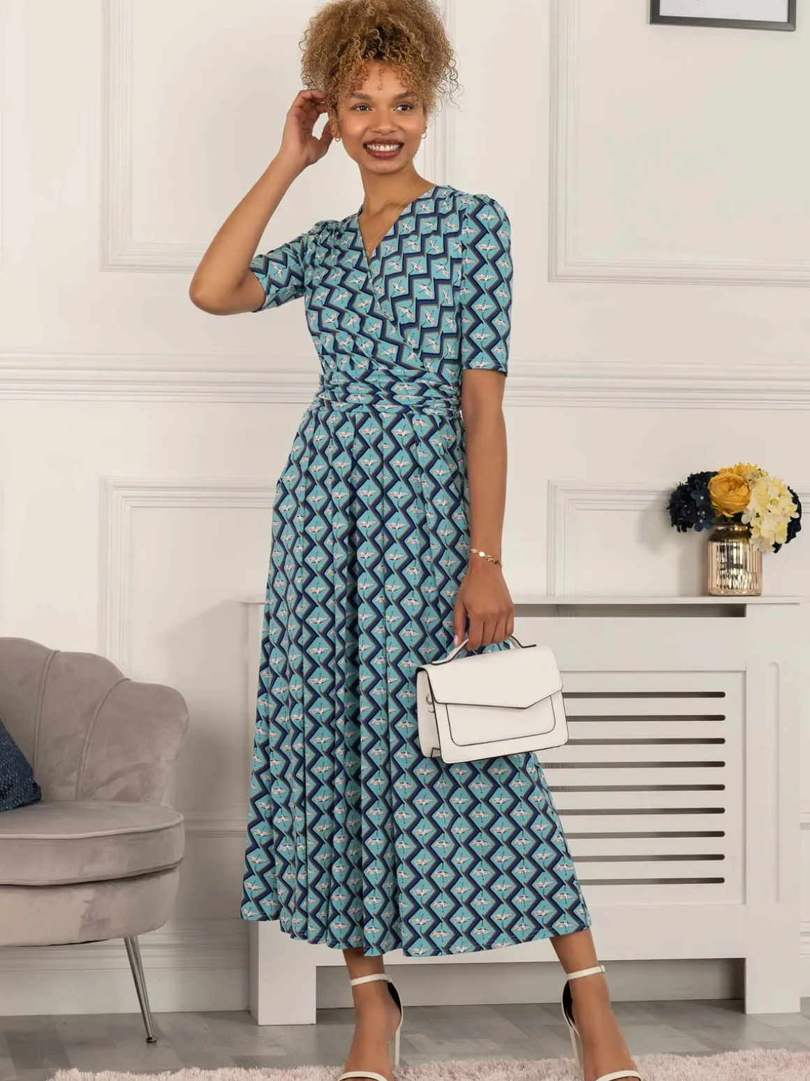 Paislyn Pleat Jersey Maxi Dress, Green Geo