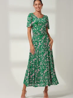 Paityn Angel Sleeve Mesh Maxi Dress, Green Floral