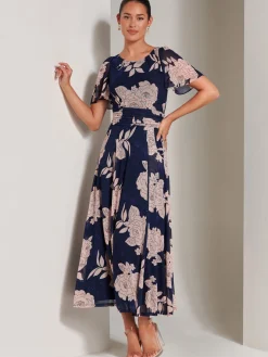Paityn Angel Sleeve Mesh Maxi Dress, Navy Floral