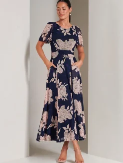 Paityn Angel Sleeve Mesh Maxi Dress, Navy Floral
