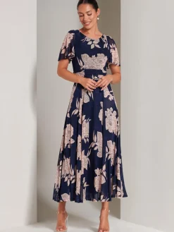 Paityn Angel Sleeve Mesh Maxi Dress, Navy Floral