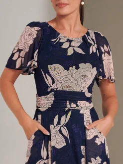 Paityn Angel Sleeve Mesh Maxi Dress, Navy Floral