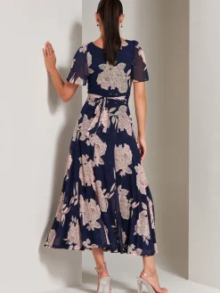 Paityn Angel Sleeve Mesh Maxi Dress, Navy Floral