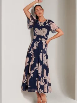 Paityn Angel Sleeve Mesh Maxi Dress, Navy Floral