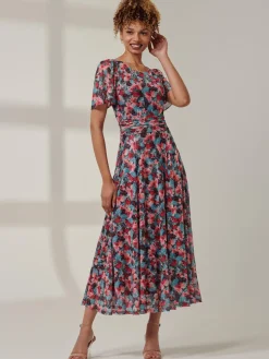 Paityn Angel Sleeve Mesh Maxi Dress, Teal Floral