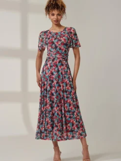 Paityn Angel Sleeve Mesh Maxi Dress, Teal Floral