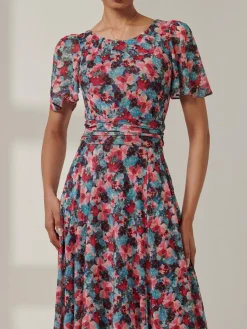 Paityn Angel Sleeve Mesh Maxi Dress, Teal Floral