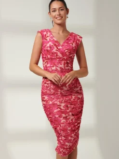 Pamela Ruched Mesh Bodycon Dress, Pink Multi