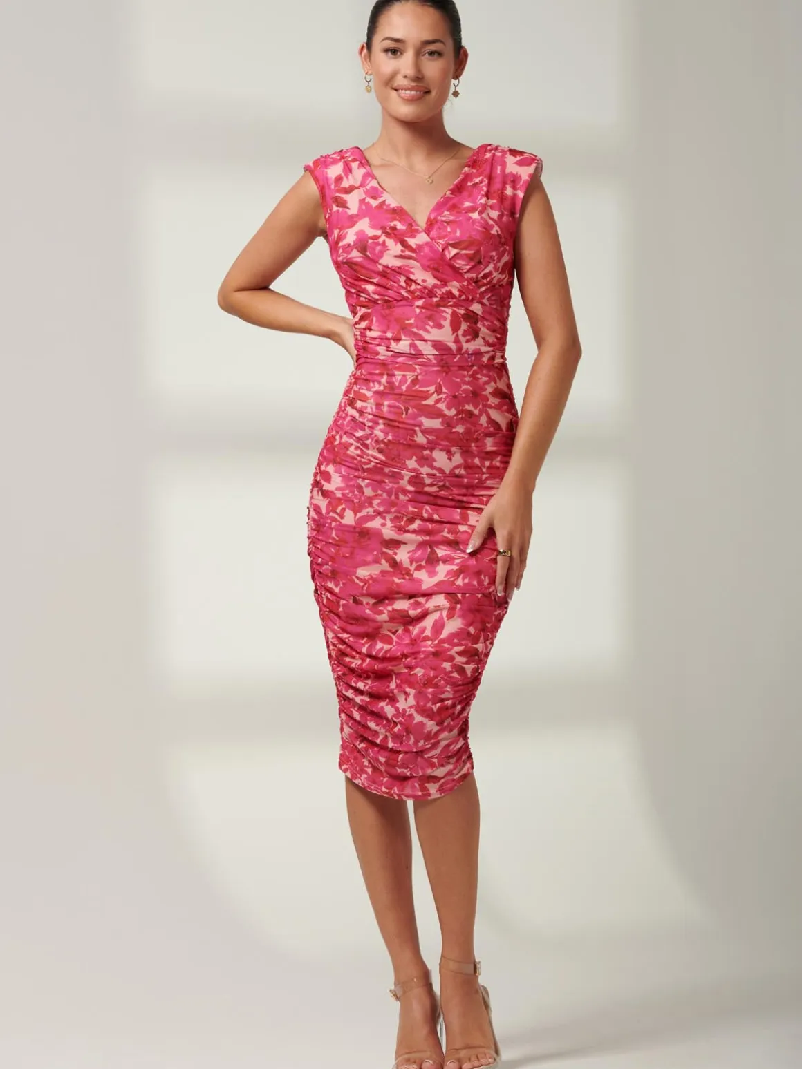 Pamela Ruched Mesh Bodycon Dress, Pink Multi