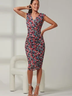 Pamela Ruched Mesh Bodycon Dress, Teal Multi