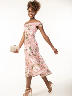 Paula Bardot Neck Mesh Dress, Dusty Pink