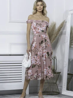 Paula Bardot Neck Mesh Dress, Dusty Pink