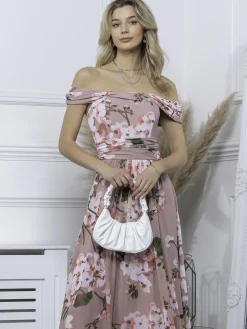 Paula Bardot Neck Mesh Dress, Dusty Pink
