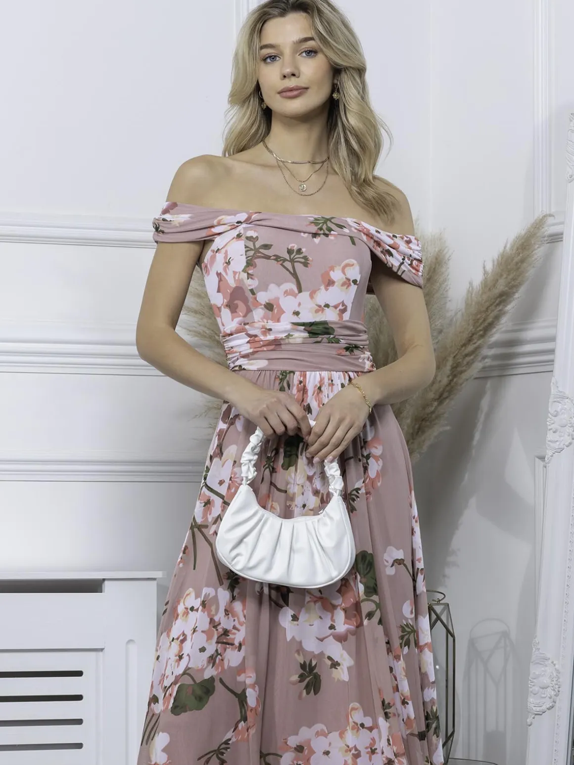 Paula Bardot Neck Mesh Dress, Dusty Pink