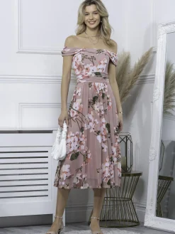 Paula Bardot Neck Mesh Dress, Dusty Pink