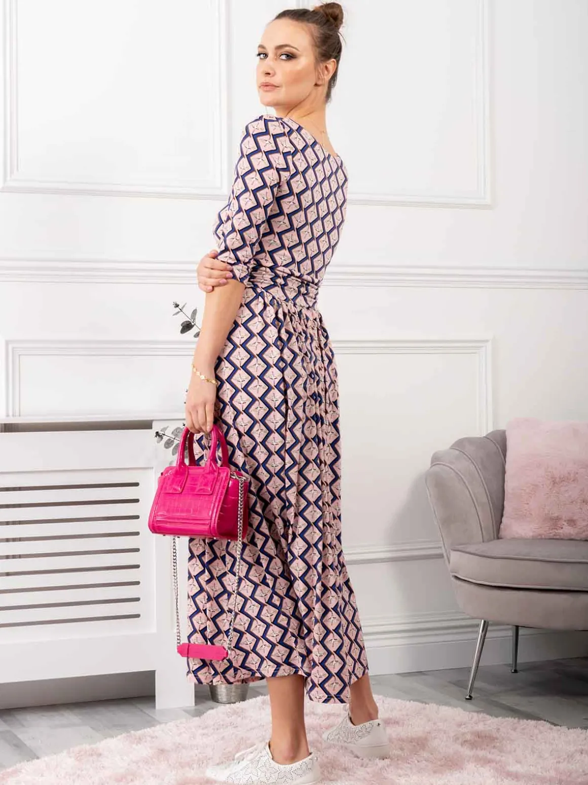 Pauline Sleeved Maxi Dress, Pink Birds