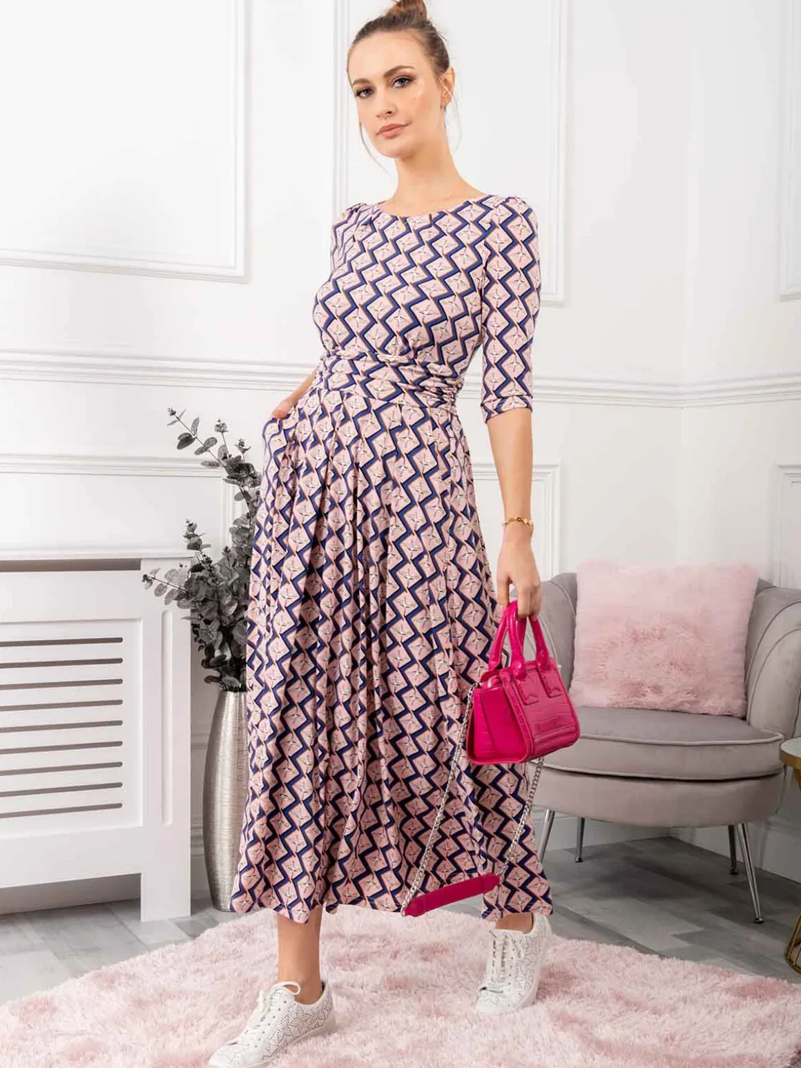 Pauline Sleeved Maxi Dress, Pink Birds