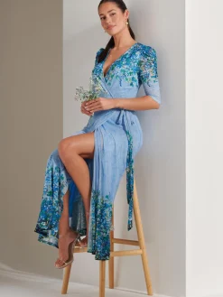 Peggy Ruched Sleeve Wrap Mesh Maxi Dress, Blue Multi