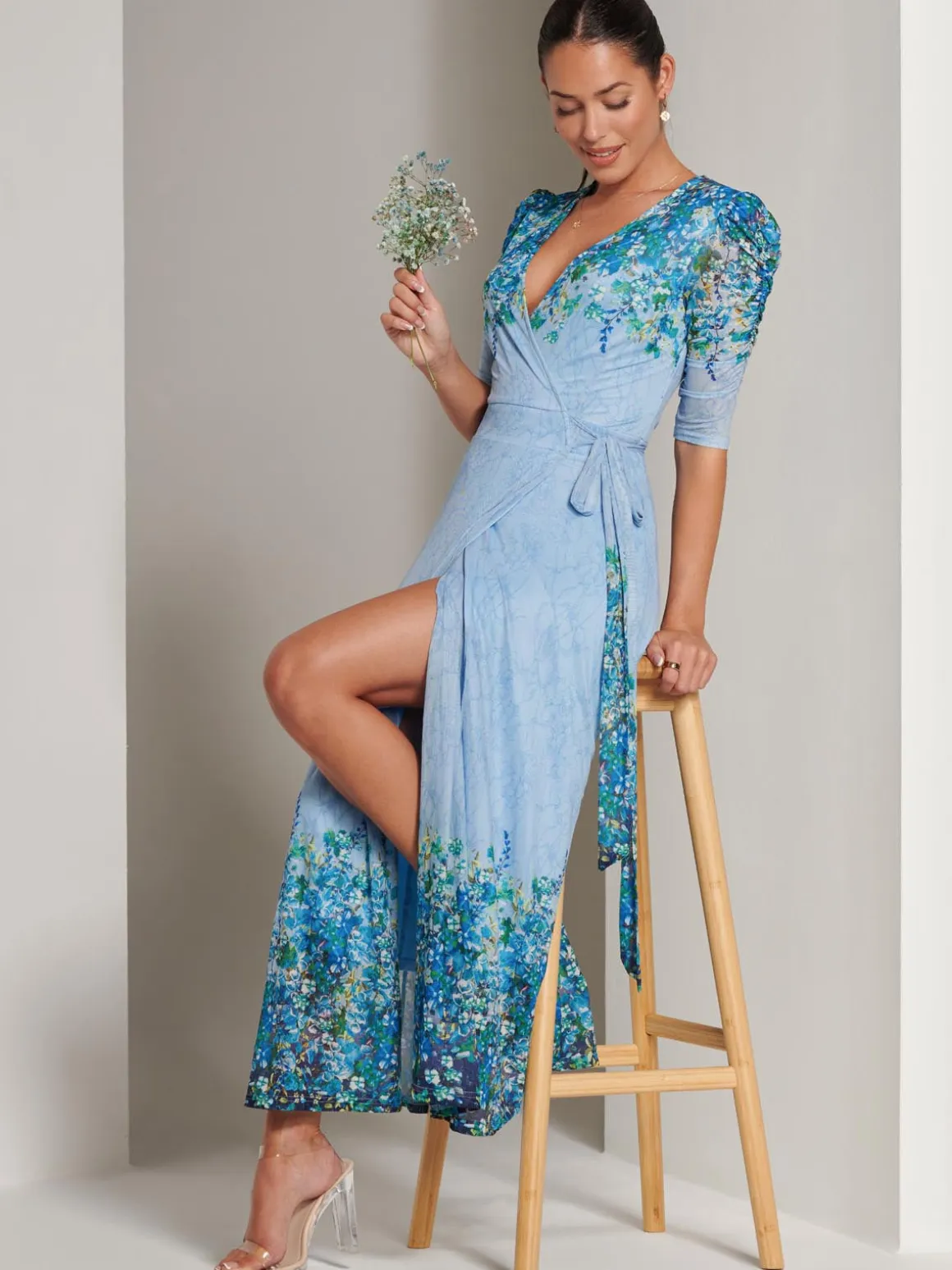 Peggy Ruched Sleeve Wrap Mesh Maxi Dress, Blue Multi