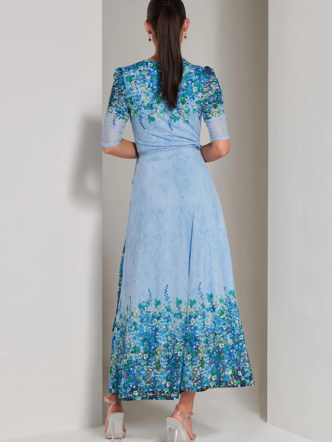 Peggy Ruched Sleeve Wrap Mesh Maxi Dress, Blue Multi