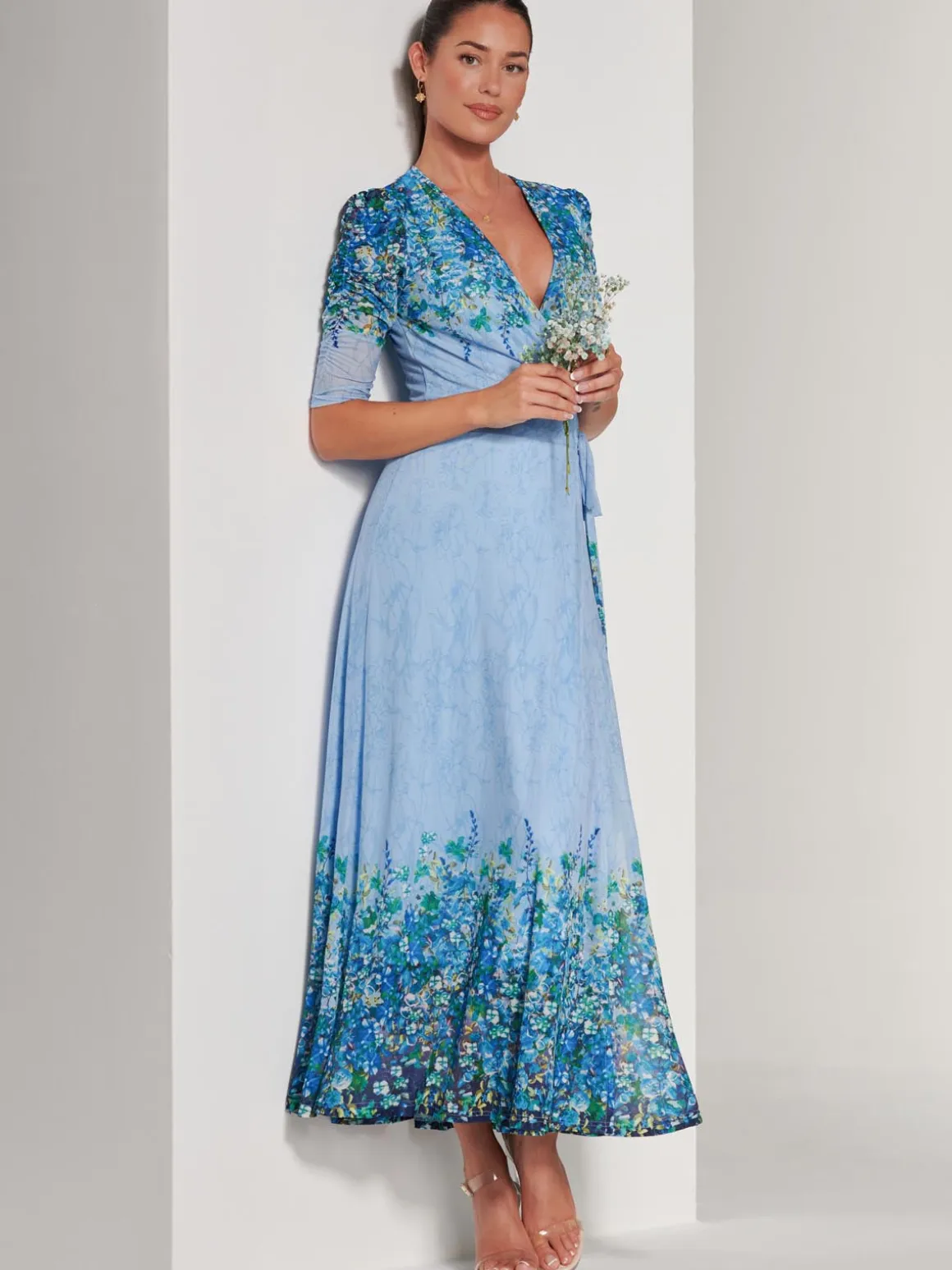 Peggy Ruched Sleeve Wrap Mesh Maxi Dress, Blue Multi