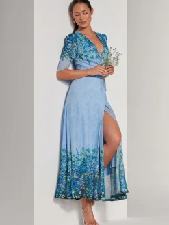 Peggy Ruched Sleeve Wrap Mesh Maxi Dress, Blue Multi