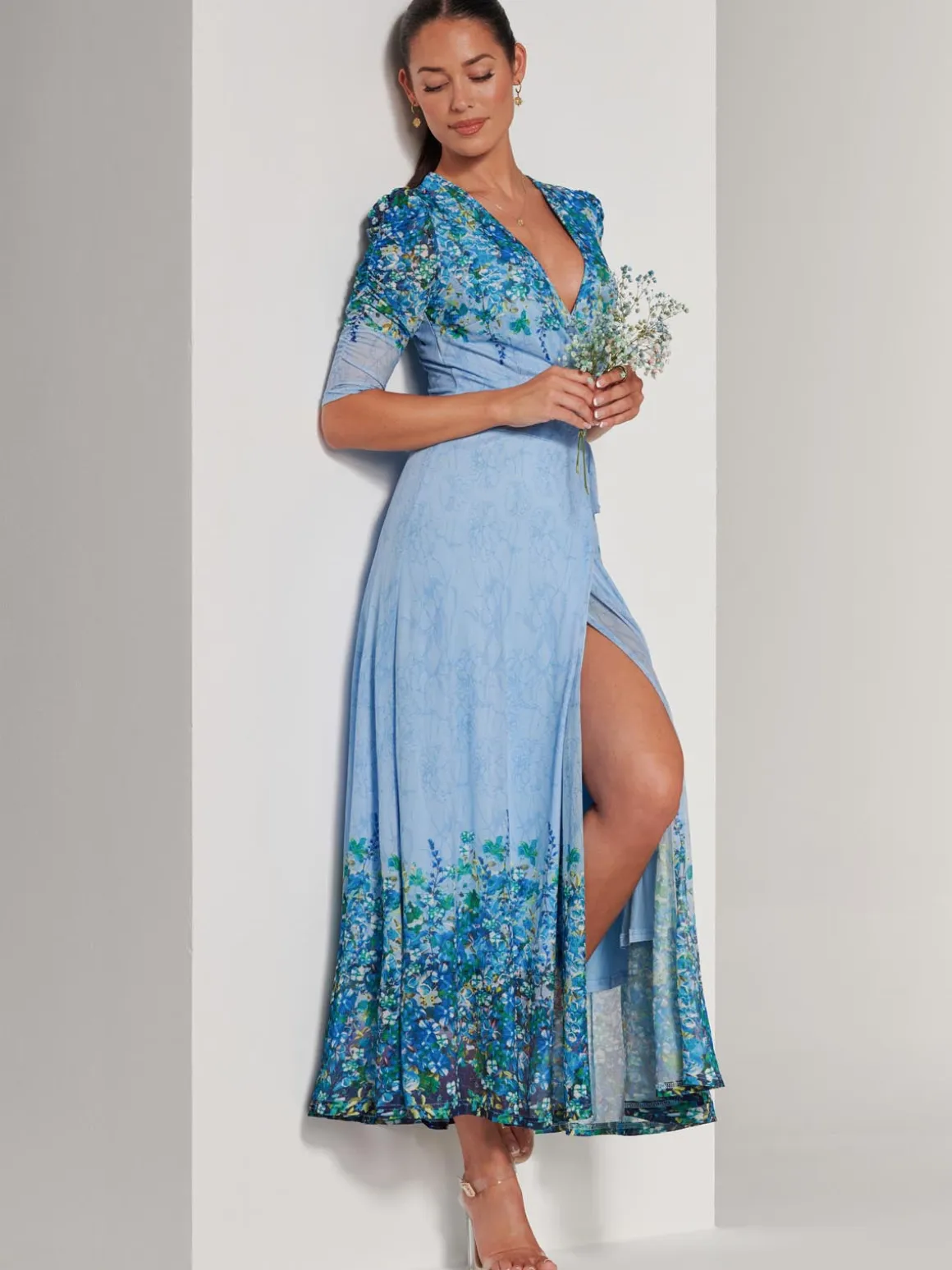 Peggy Ruched Sleeve Wrap Mesh Maxi Dress, Blue Multi