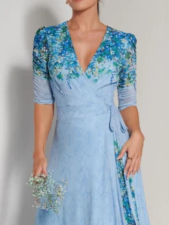 Peggy Ruched Sleeve Wrap Mesh Maxi Dress, Blue Multi