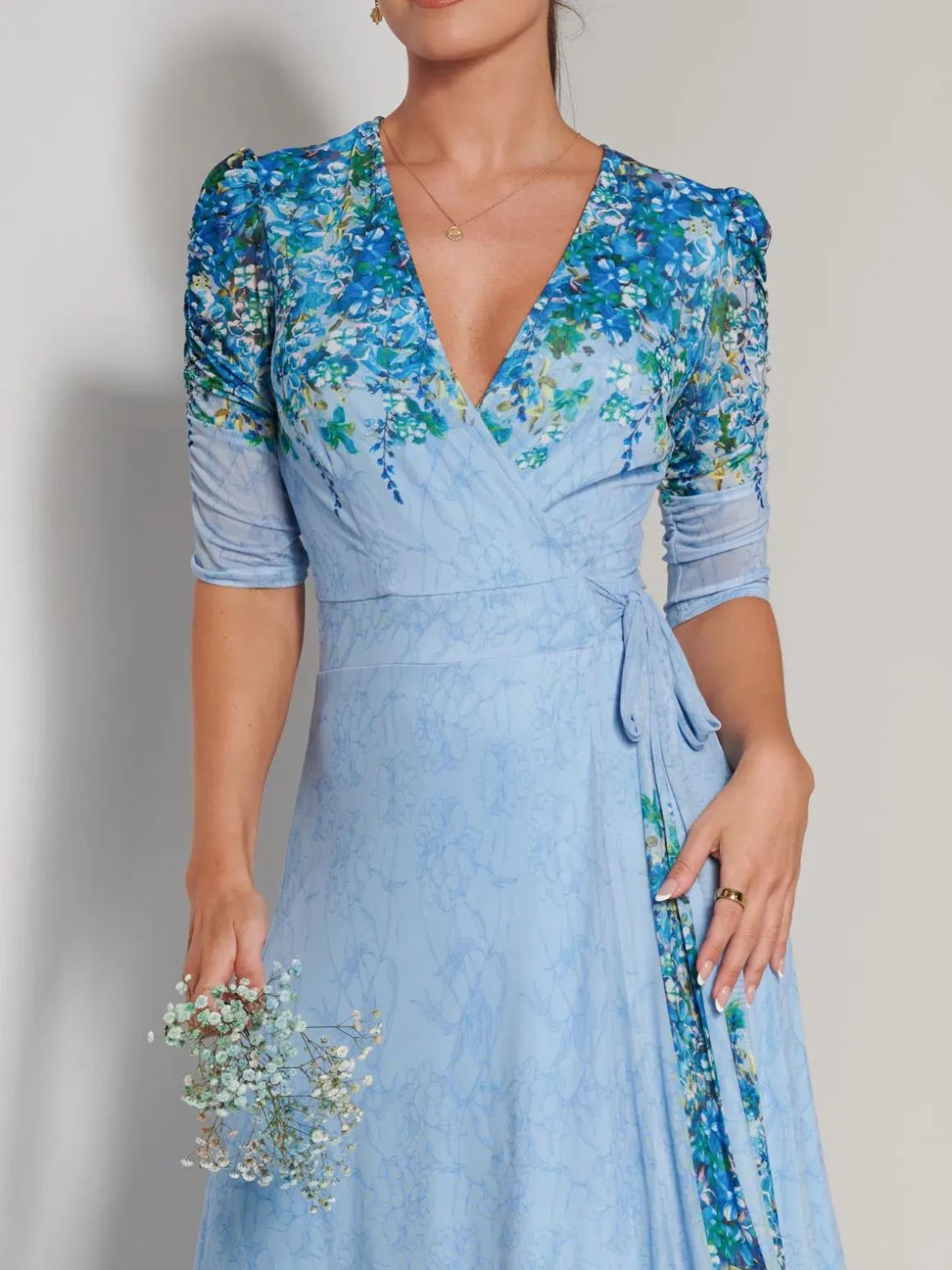 Peggy Ruched Sleeve Wrap Mesh Maxi Dress, Blue Multi
